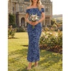 ZESICA Women’s Summer Off Shoulder Floral Bodycon Ruched Maxi Formal Dress(Dusty Blue)