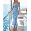 ZESICA Women’s Summer Off Shoulder Floral Bodycon Ruched Maxi Formal Dress(Light Blue)