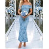 ZESICA Women’s Summer Off Shoulder Floral Bodycon Ruched Maxi Formal Dress(Light Blue)