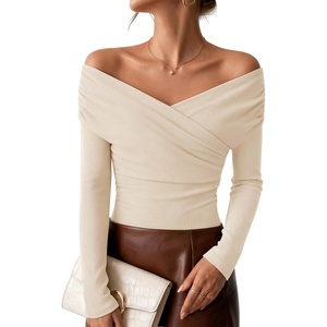 ZESICA Womens 2026 Fall Long Sleeve Wrap Off Shoulder Y2K Going Out Tops(Apricot)