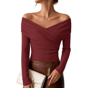 ZESICA Womens 2026 Fall Long Sleeve Wrap Off Shoulder Y2K Going Out Tops(Burgundy)