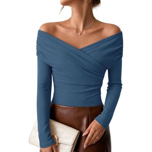 ZESICA Womens 2026 Fall Long Sleeve Wrap Off Shoulder Y2K Going Out Tops(Dustyblue)