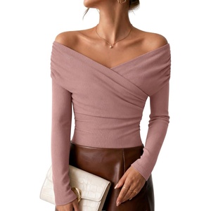ZESICA Womens 2026 Fall Long Sleeve Wrap Off Shoulder Y2K Going Out Tops(Dustypink)