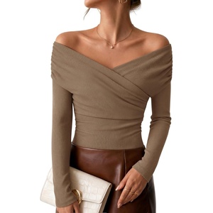 ZESICA Womens 2026 Fall Long Sleeve Wrap Off Shoulder Y2K Going Out Tops(Lightbrown)
