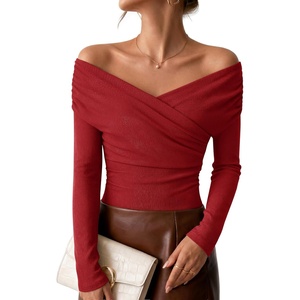 ZESICA Womens 2026 Fall Long Sleeve Wrap Off Shoulder Y2K Going Out Tops(Red)