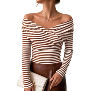 ZESICA Womens 2026 Fall Long Sleeve Wrap Off Shoulder Y2K Going Out Tops(Stripebrown)