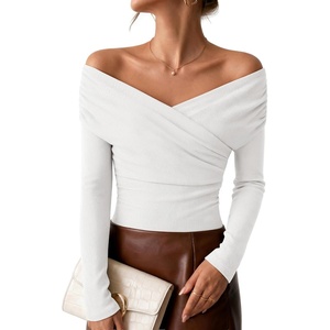 ZESICA Womens 2026 Fall Long Sleeve Wrap Off Shoulder Y2K Going Out Tops(White)