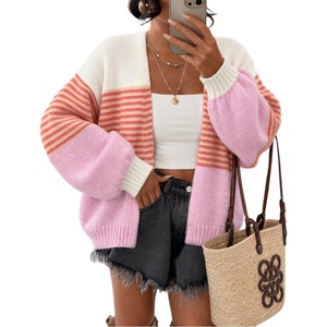 ZESICA Women’s Chunky Open Front Knit Cardigan Sweaters(Pink Stripe)
