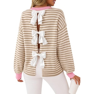 ZESICA Women’s Fall Bow Knot Oversized Sweaters Trendy Pullover Tops(Apricotstripe)
