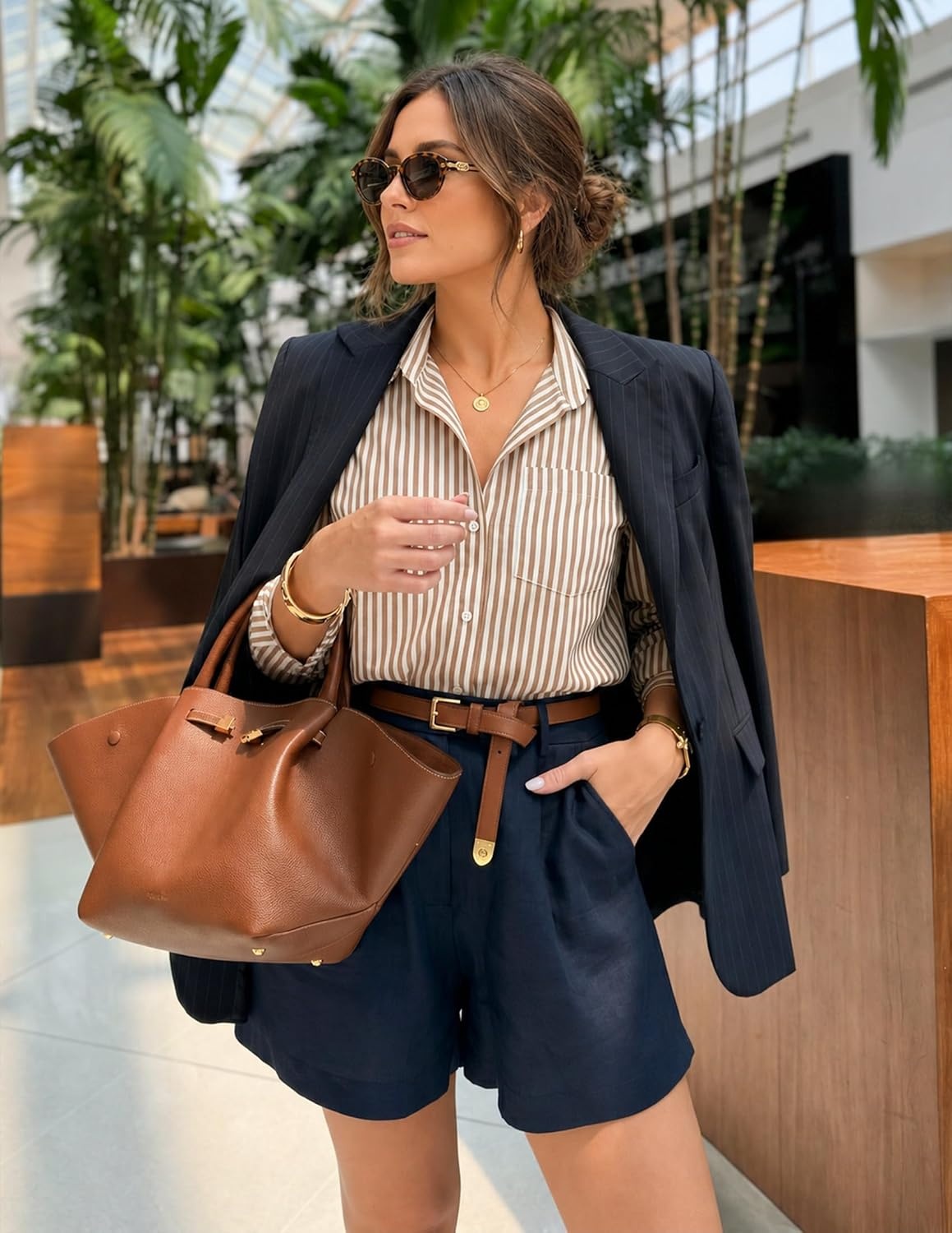 image:imageZESICA Women Long Sleeve Striped Business Casual Button Shirts Work TopsBrown