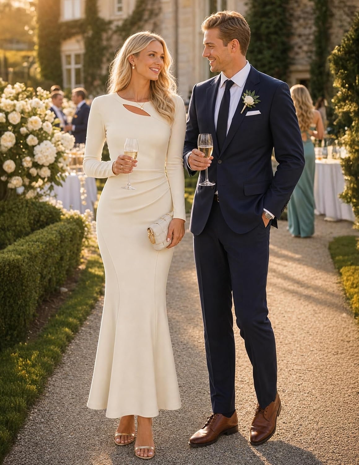 image:imageZESICA Womens 2026 Fall Long Sleeve Bodycon Wedding Guest Maxi DressBeige