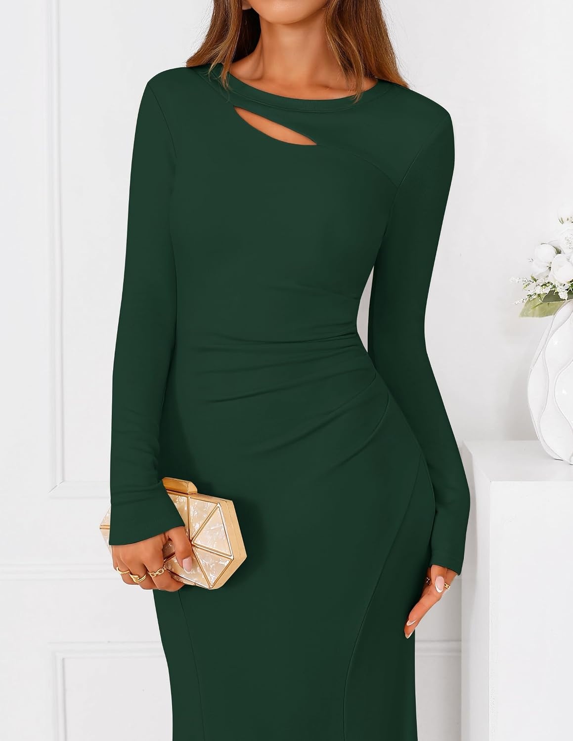 image:imageZESICA Womens 2026 Fall Long Sleeve Bodycon Wedding Guest Maxi DressGreen