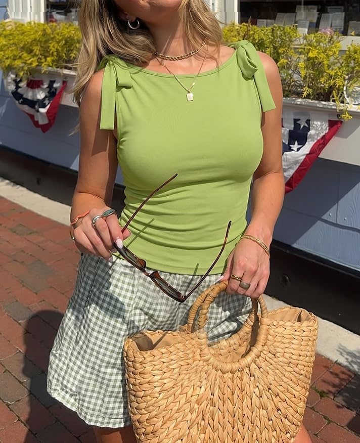 image:imageZESICA Womens Cute Summer Tie Shoulder Going Out Y2K Tank TopGrass Green