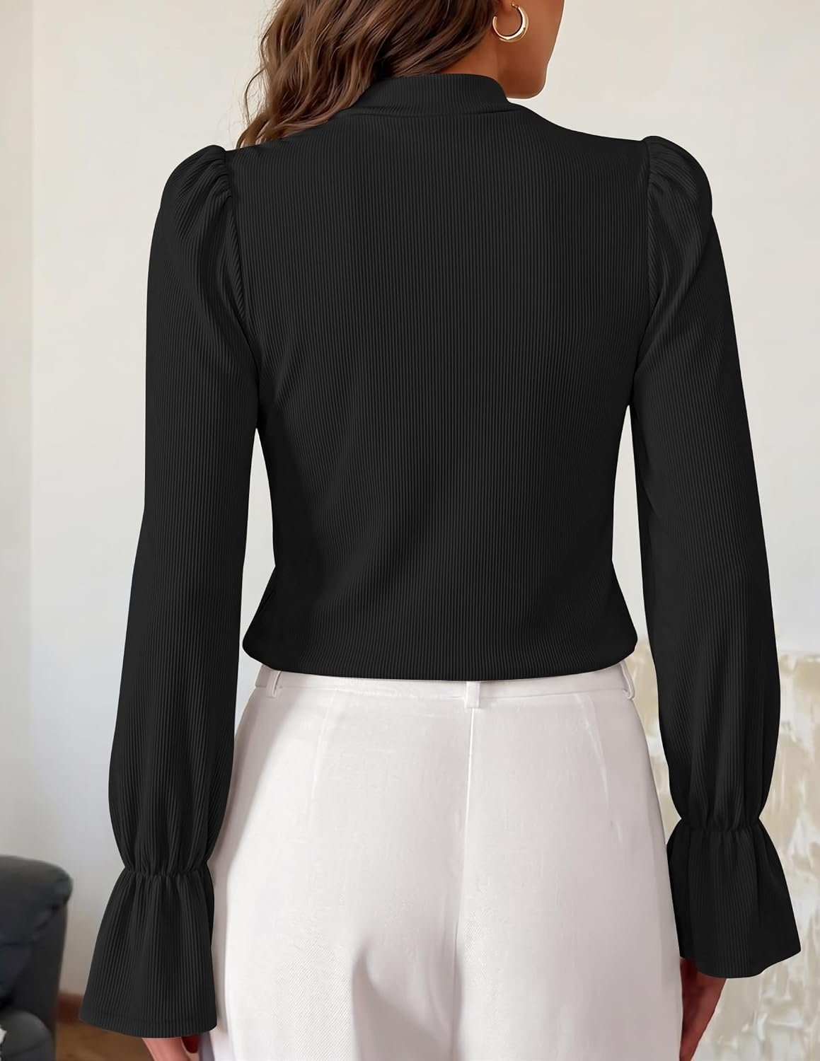 image:imageZESICA Womens Cutout Mock Neck Puff Long Sleeve Shirt Fall Knit Blouse TopBlack