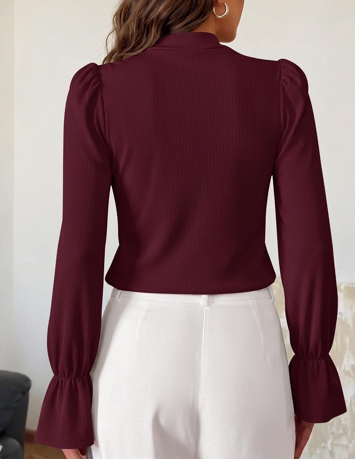 image:imageZESICA Womens Cutout Mock Neck Puff Long Sleeve Shirt Fall Knit Blouse TopBurgundy