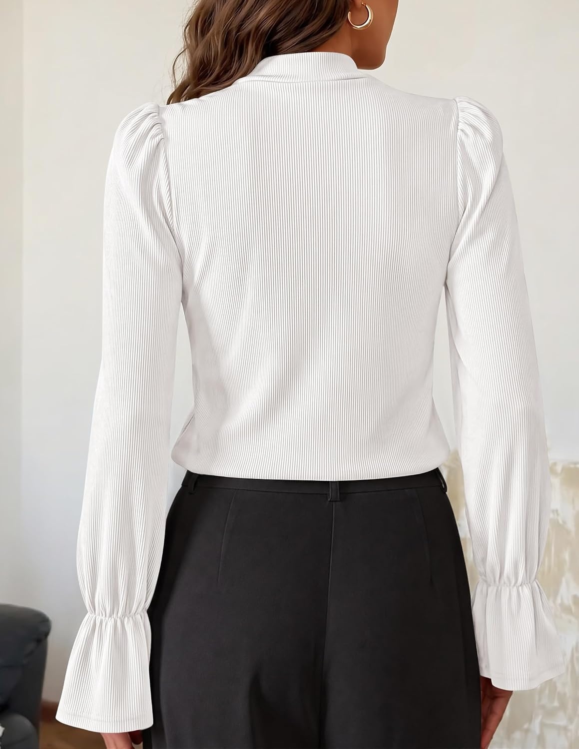 image:imageZESICA Womens Cutout Mock Neck Puff Long Sleeve Shirt Fall Knit Blouse TopWhite
