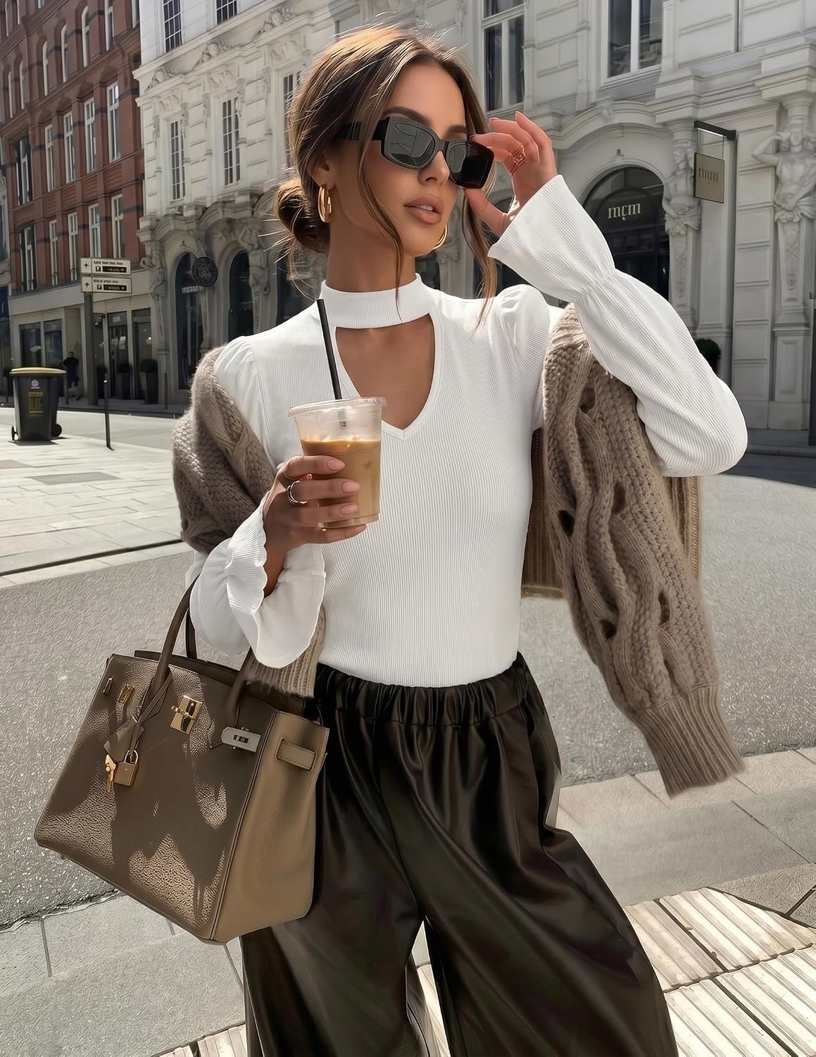 image:imageZESICA Womens Cutout Mock Neck Puff Long Sleeve Shirt Fall Knit Blouse TopWhite