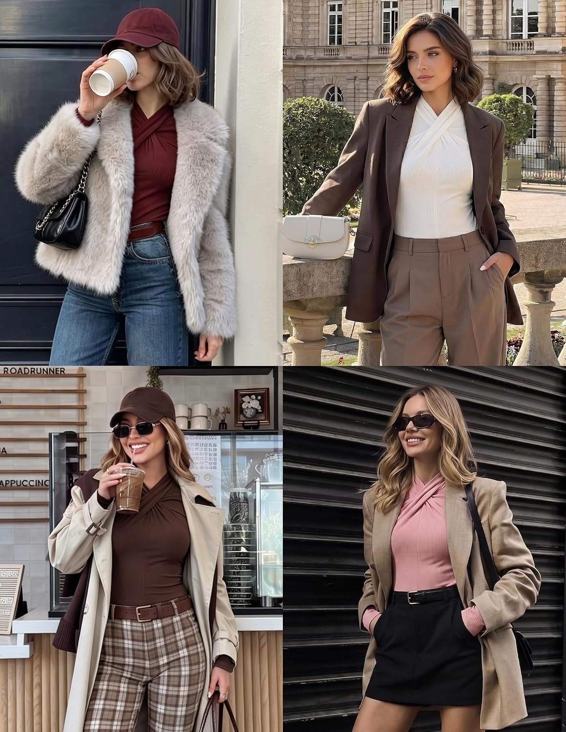 image:imageZESICA Womens Fall Business Casual Mock Neck Cross Tops Trendy OutfitsPink