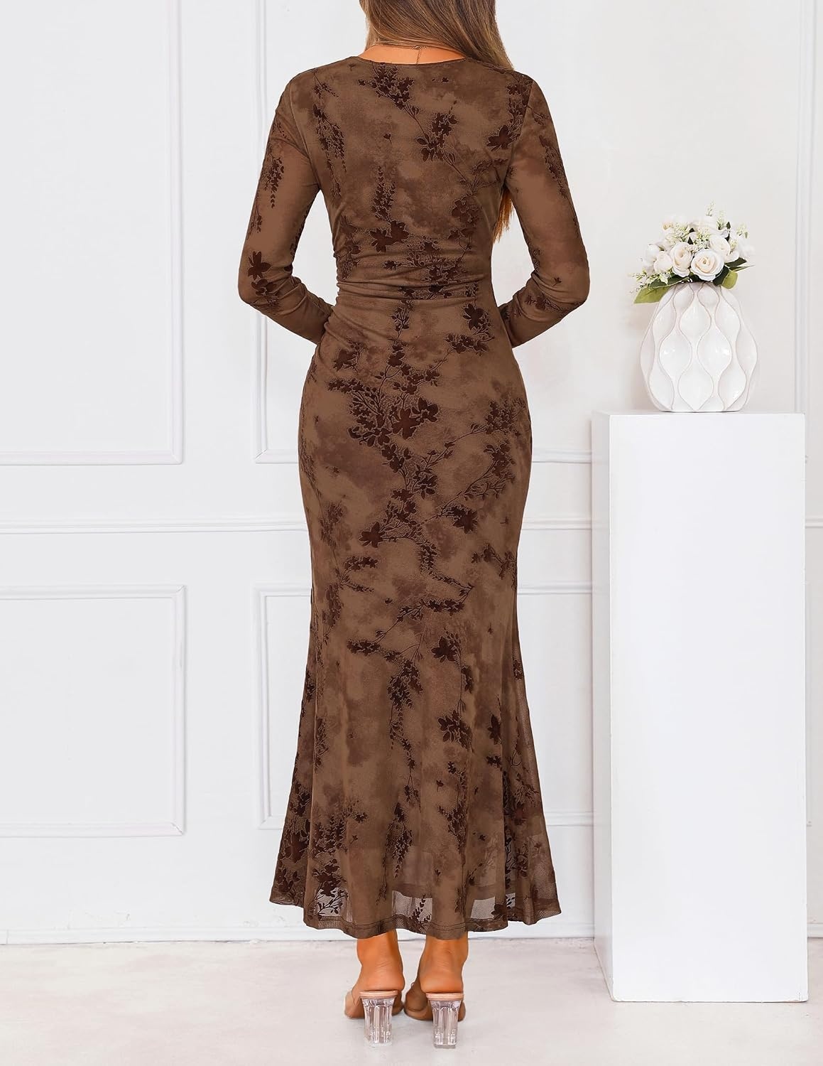 image:imageZESICA Womens Fall Long Sleeve Bodycon Mesh Wedding Guest Formal DressBrown