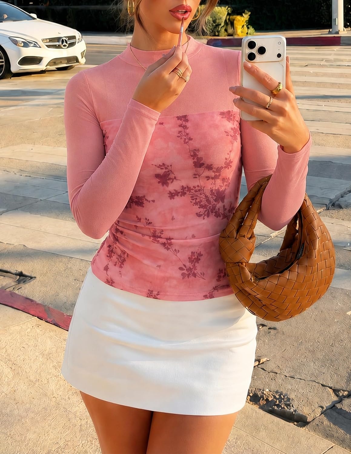 image:imageZESICA Womens Fall Long Sleeve Turtleneck Floral Sheer Mesh Ruched TopsPink