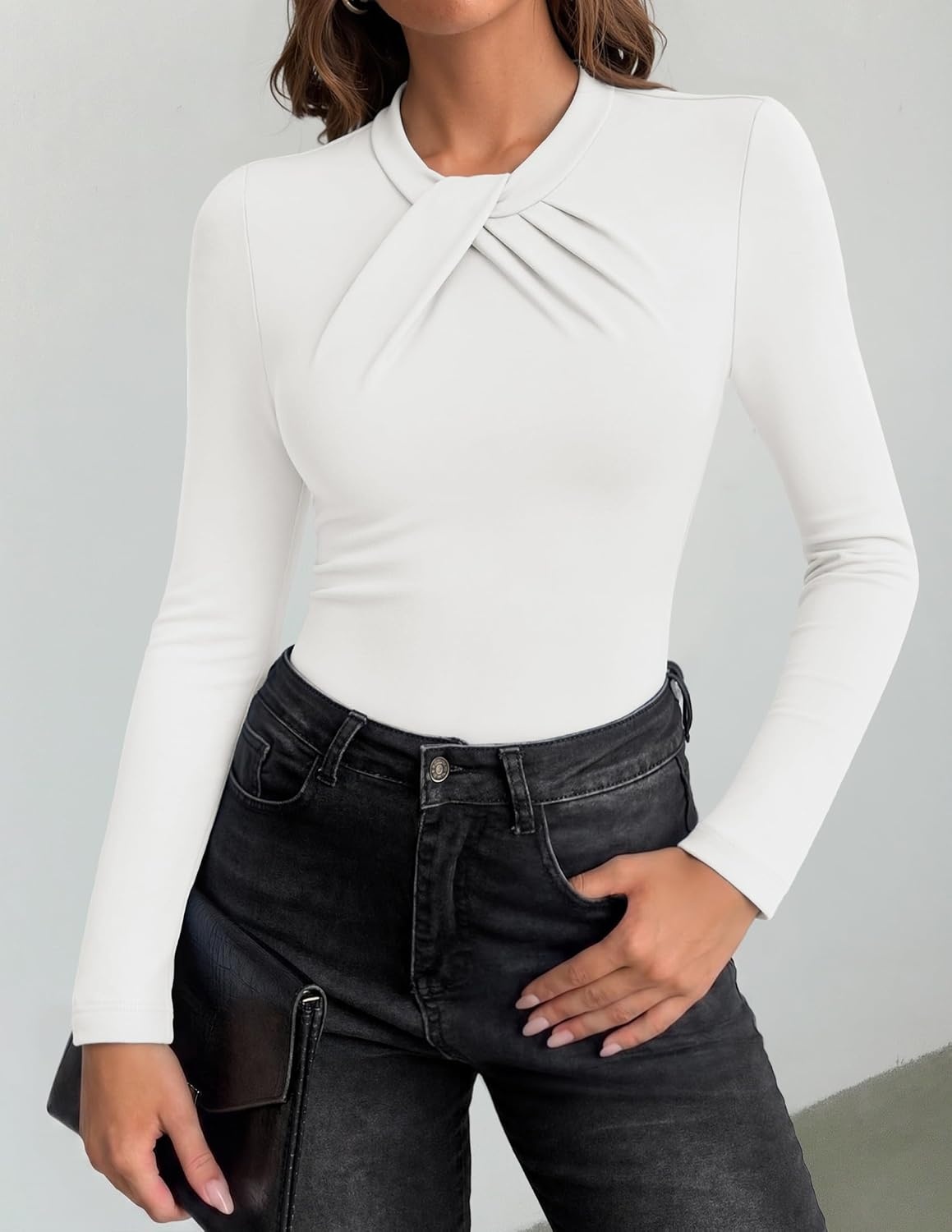 image:imageZESICA Womens Fall Long Sleeve Twist Knot Business Casual TopsWhite