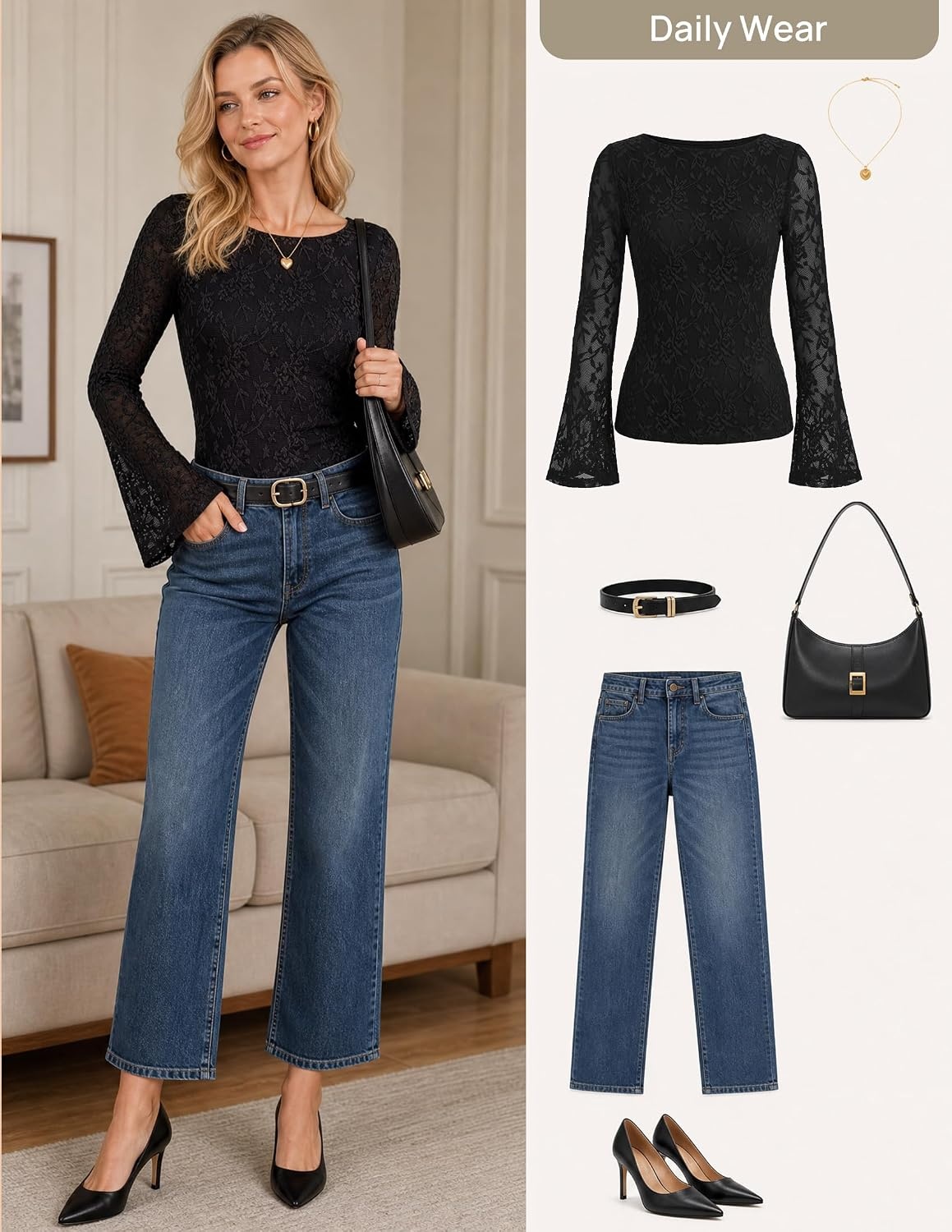 image:imageZESICA Womens Floral Lace Long Sleeve Boat Neck Going Out TopsBlack