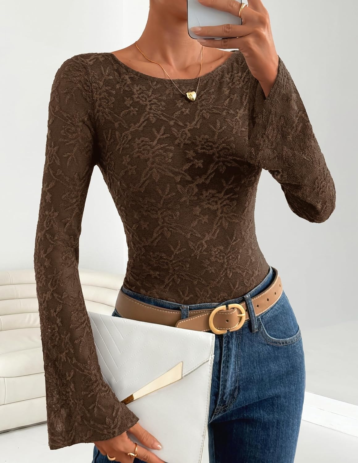 image:imageZESICA Womens Floral Lace Long Sleeve Boat Neck Going Out TopsBrown
