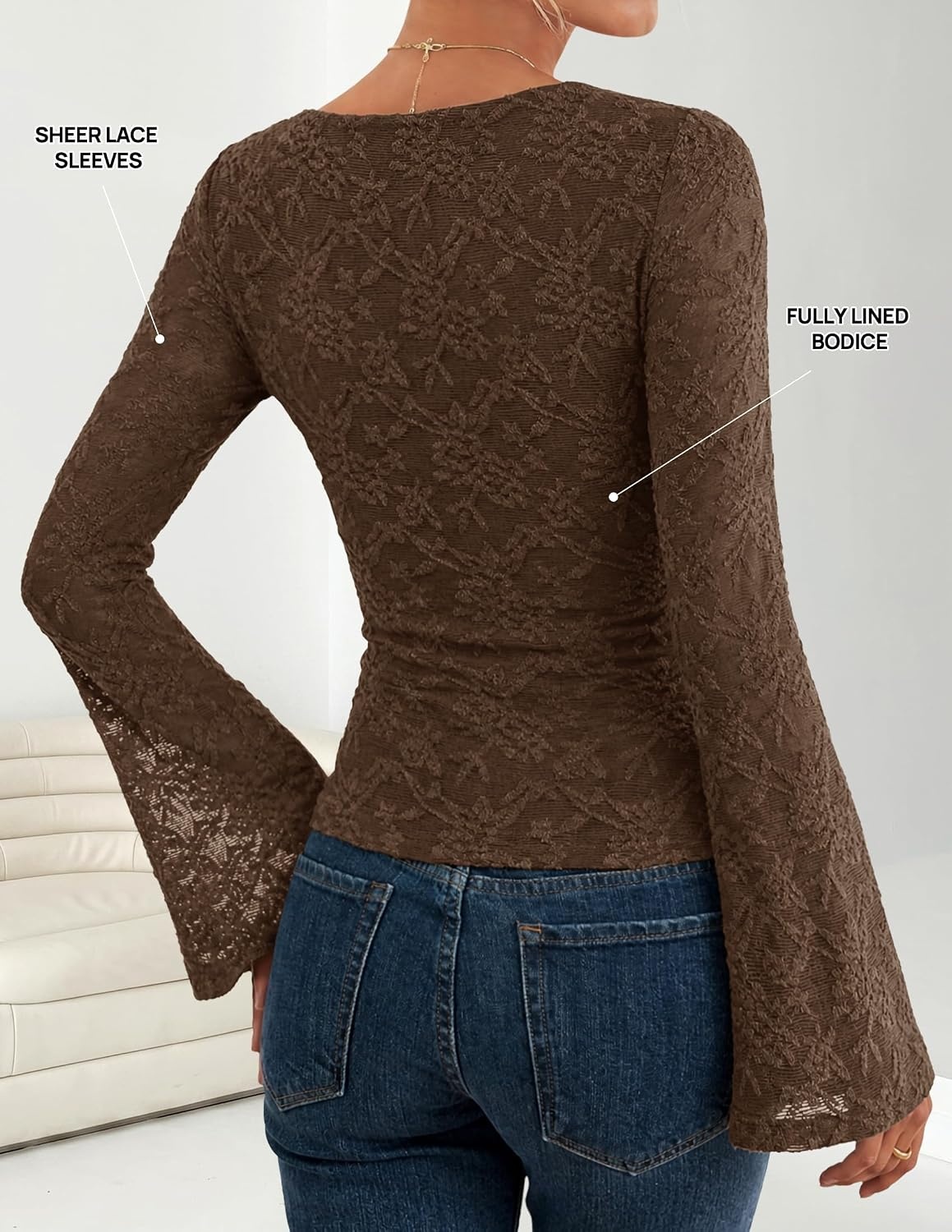 image:imageZESICA Womens Floral Lace Long Sleeve Boat Neck Going Out TopsBrown