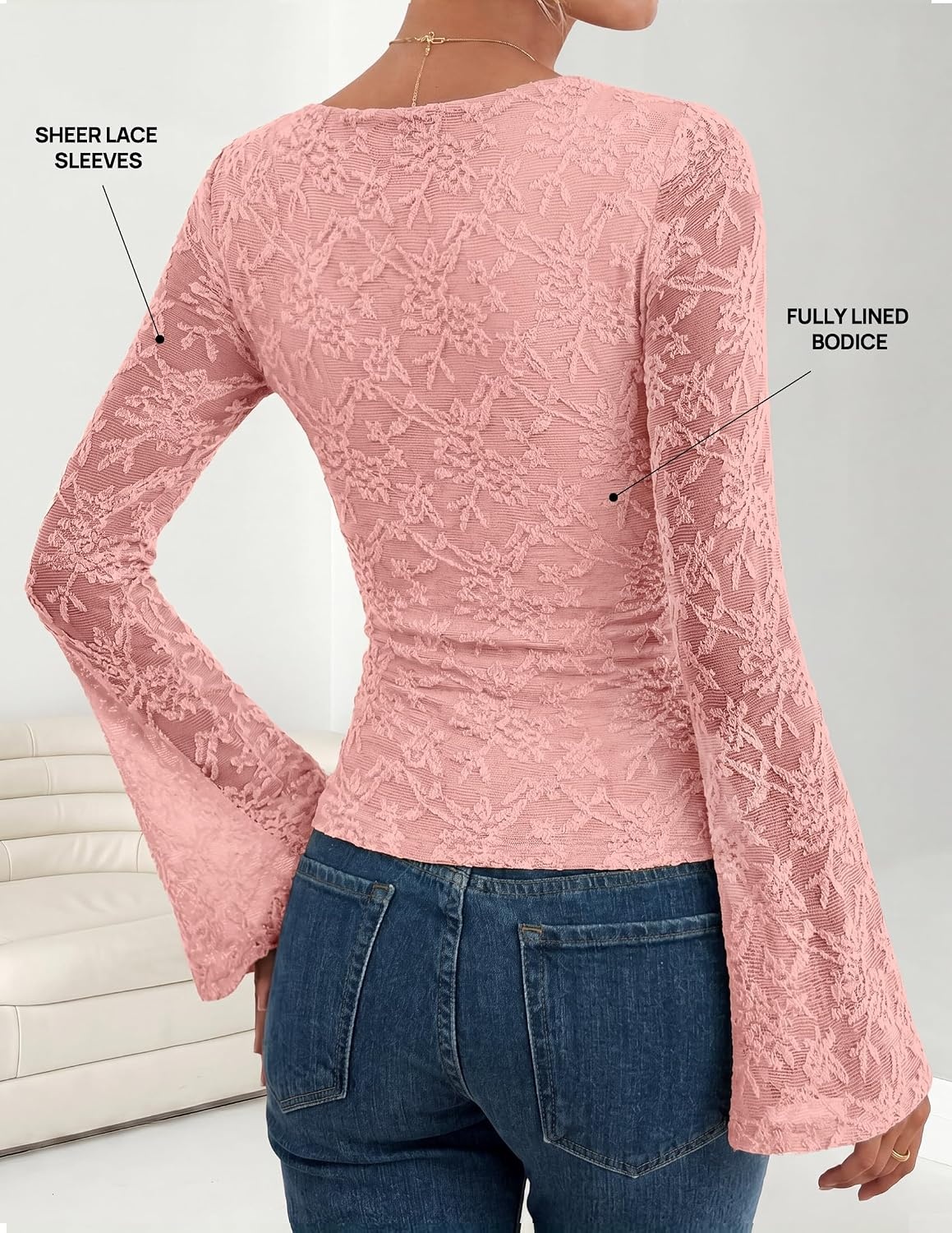 image:imageZESICA Womens Floral Lace Long Sleeve Boat Neck Going Out TopsPink