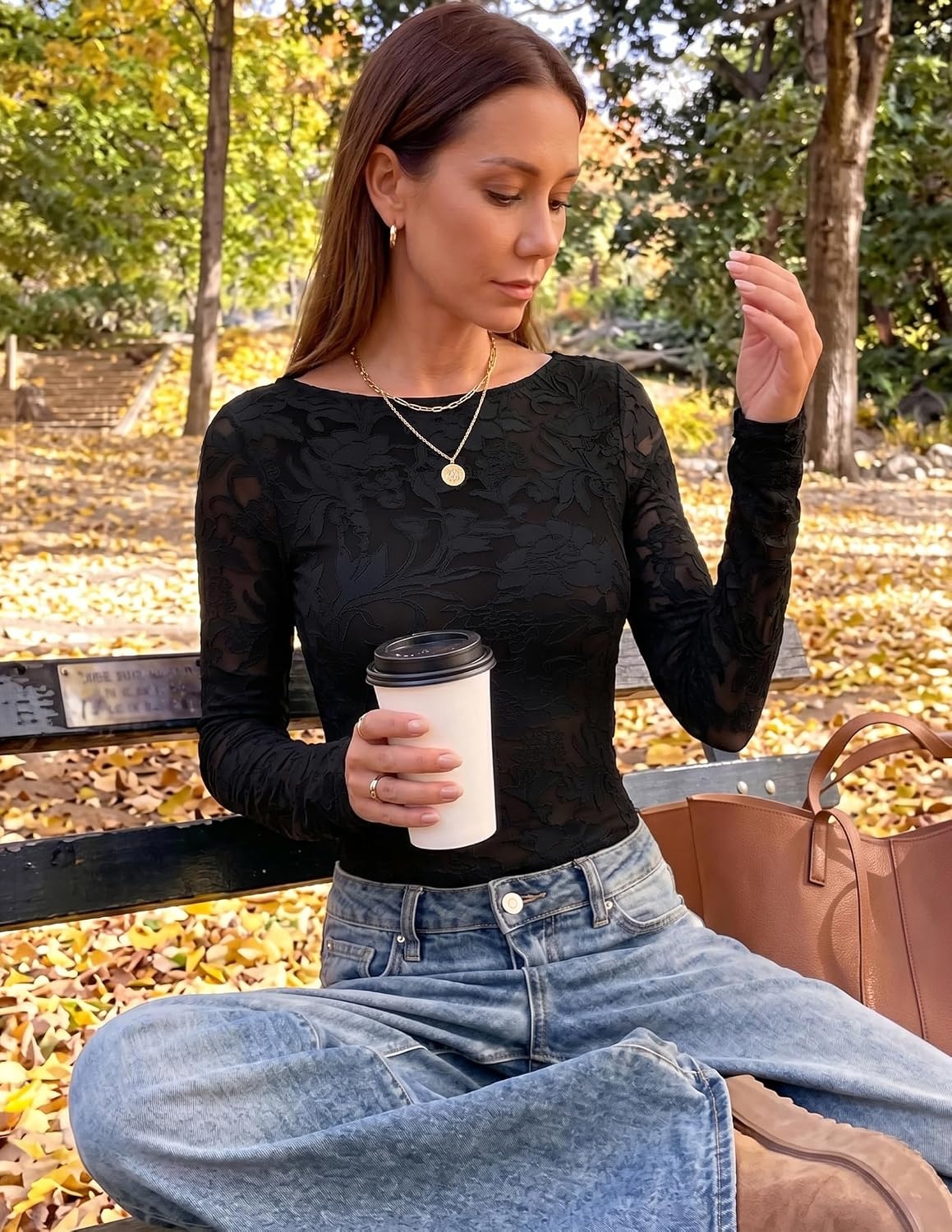 image:imageZESICA Womens Lace Mesh Sheer See Through Long Sleeve TopsBlack