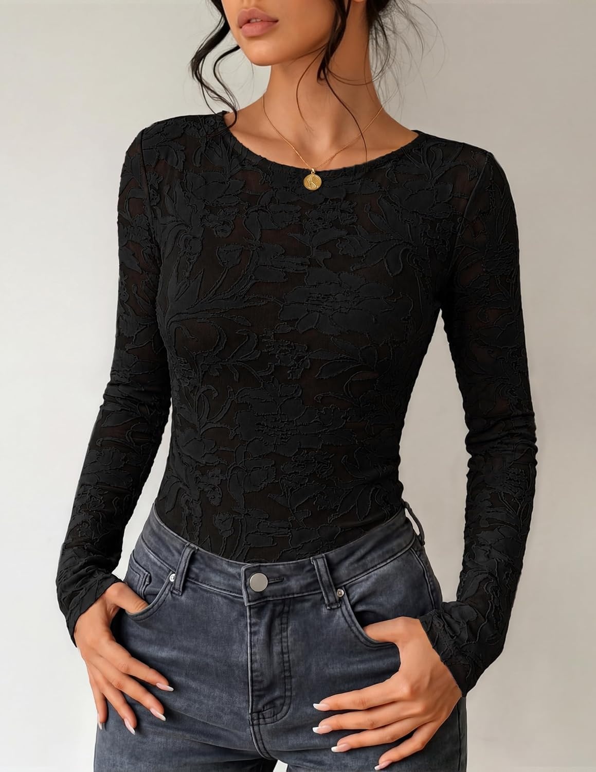 image:imageZESICA Womens Lace Mesh Sheer See Through Long Sleeve TopsBlack