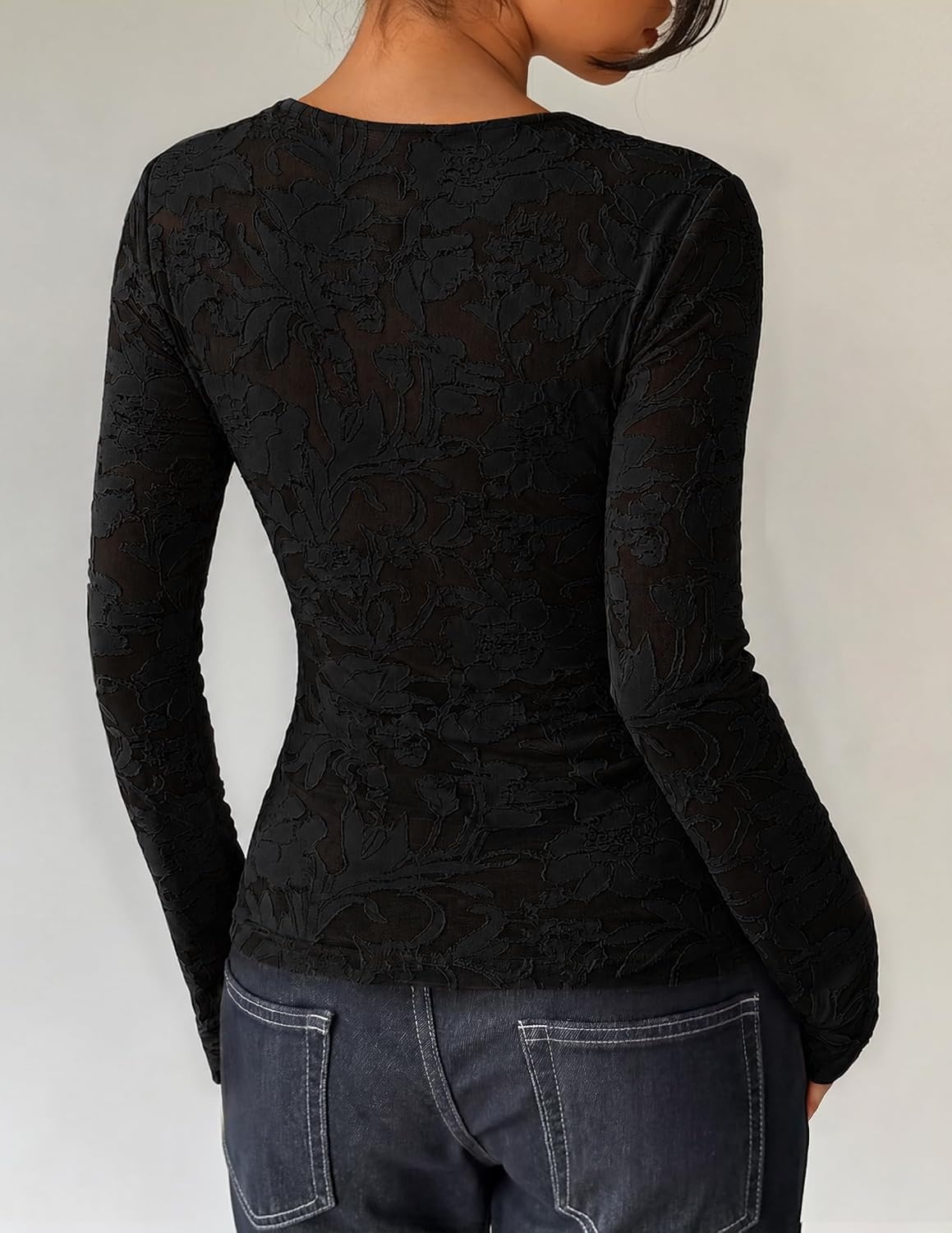 image:imageZESICA Womens Lace Mesh Sheer See Through Long Sleeve TopsBlack