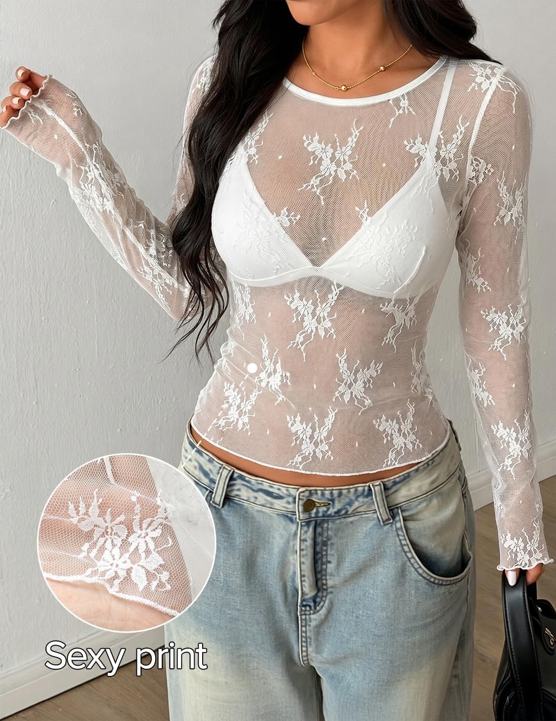 image:imageZESICA Womens Lace Mesh Sheer See Through Long Sleeve TopsIvory