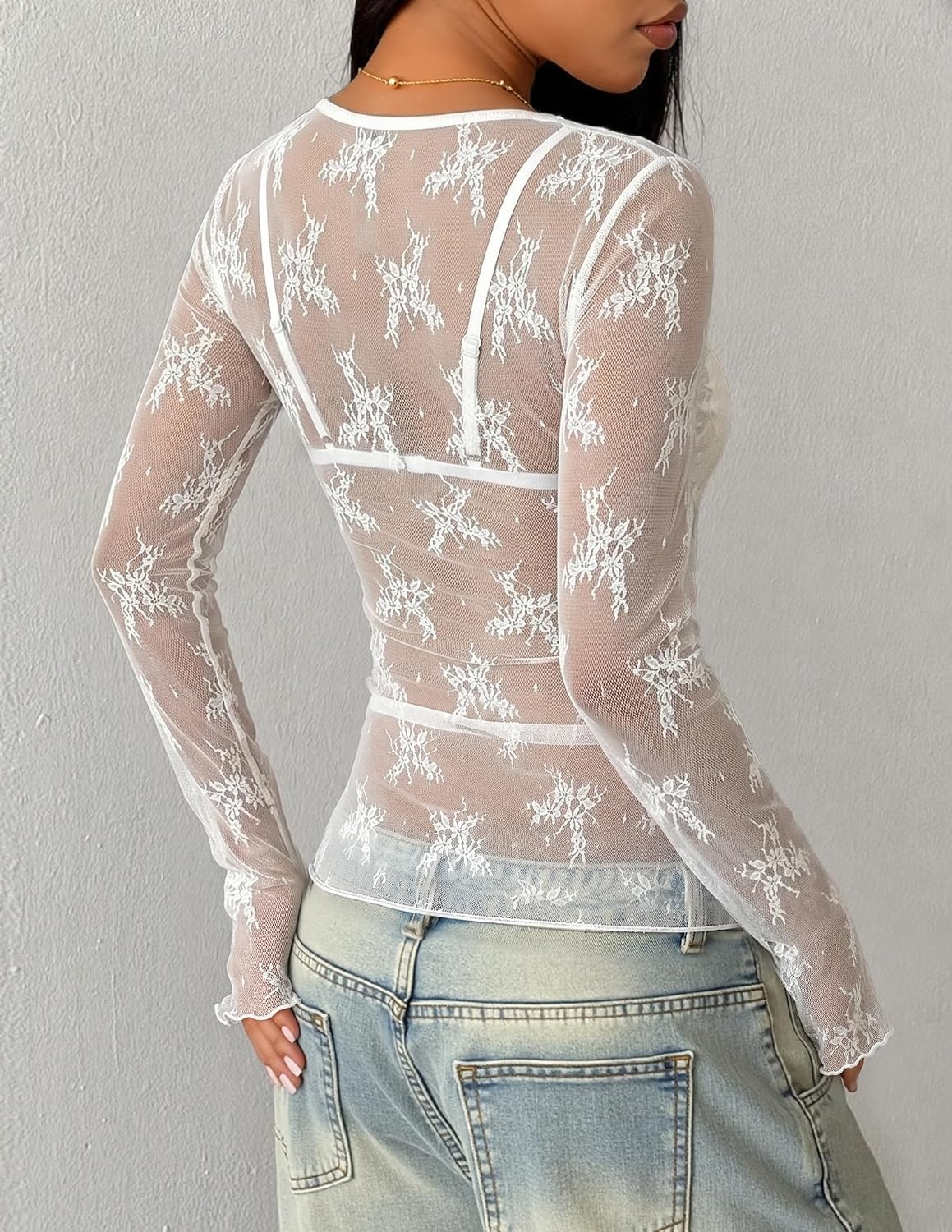 image:imageZESICA Womens Lace Mesh Sheer See Through Long Sleeve TopsIvory