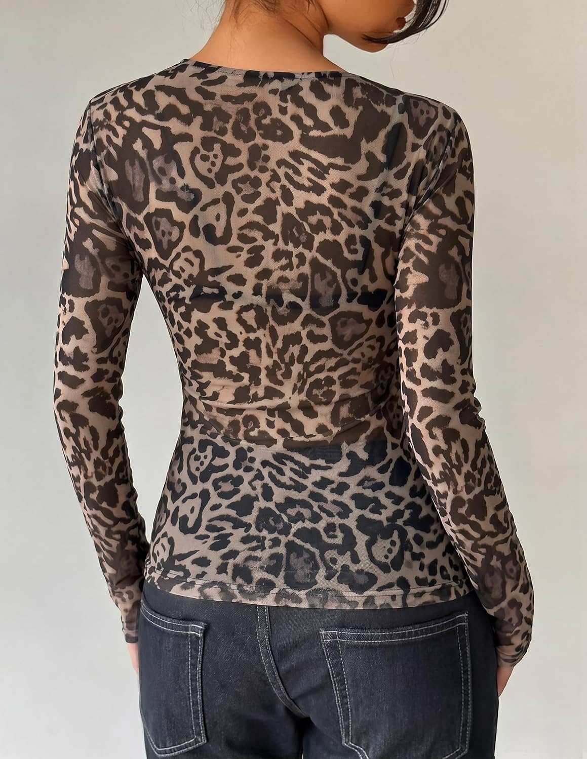 image:imageZESICA Womens Lace Mesh Sheer See Through Long Sleeve TopsLeopard