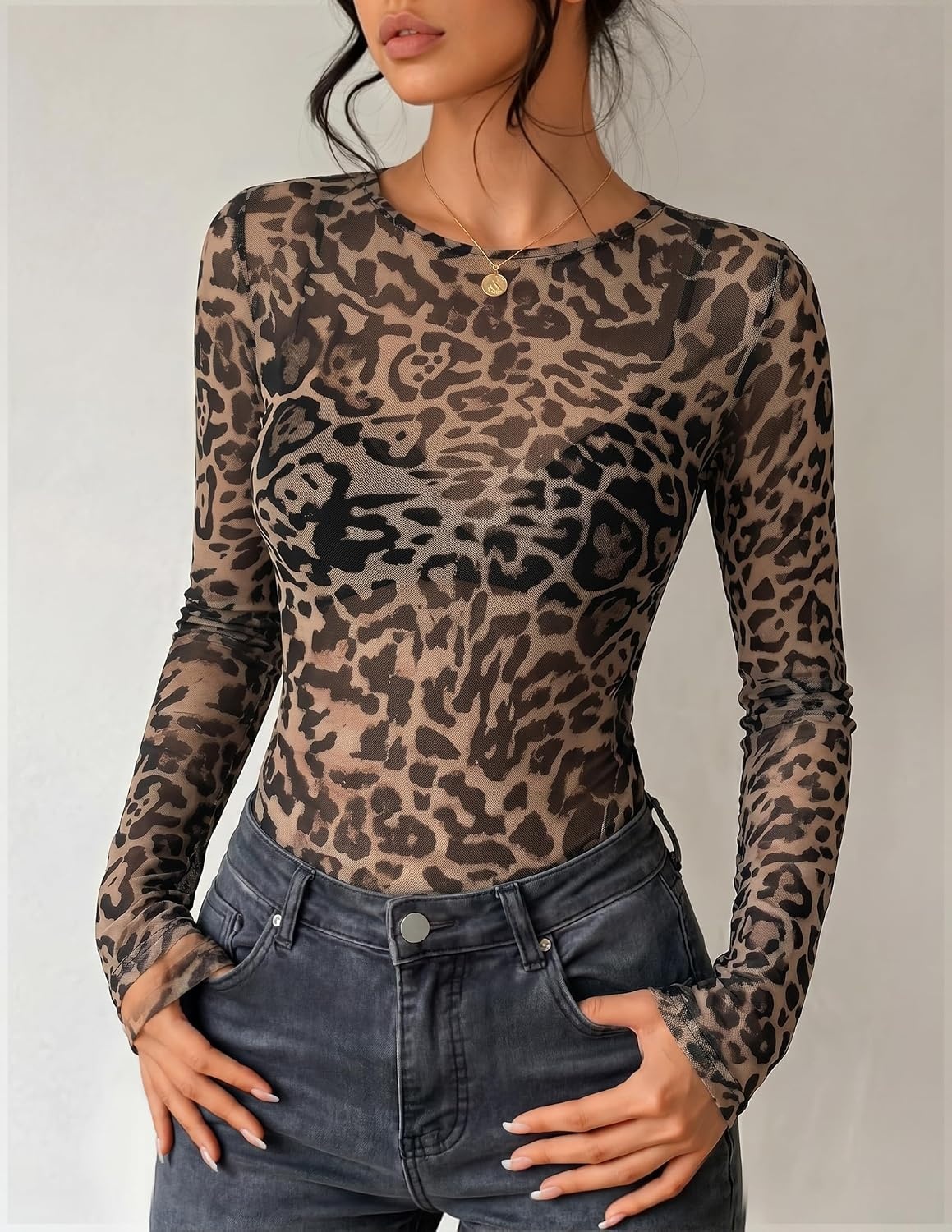 image:imageZESICA Womens Lace Mesh Sheer See Through Long Sleeve TopsLeopard
