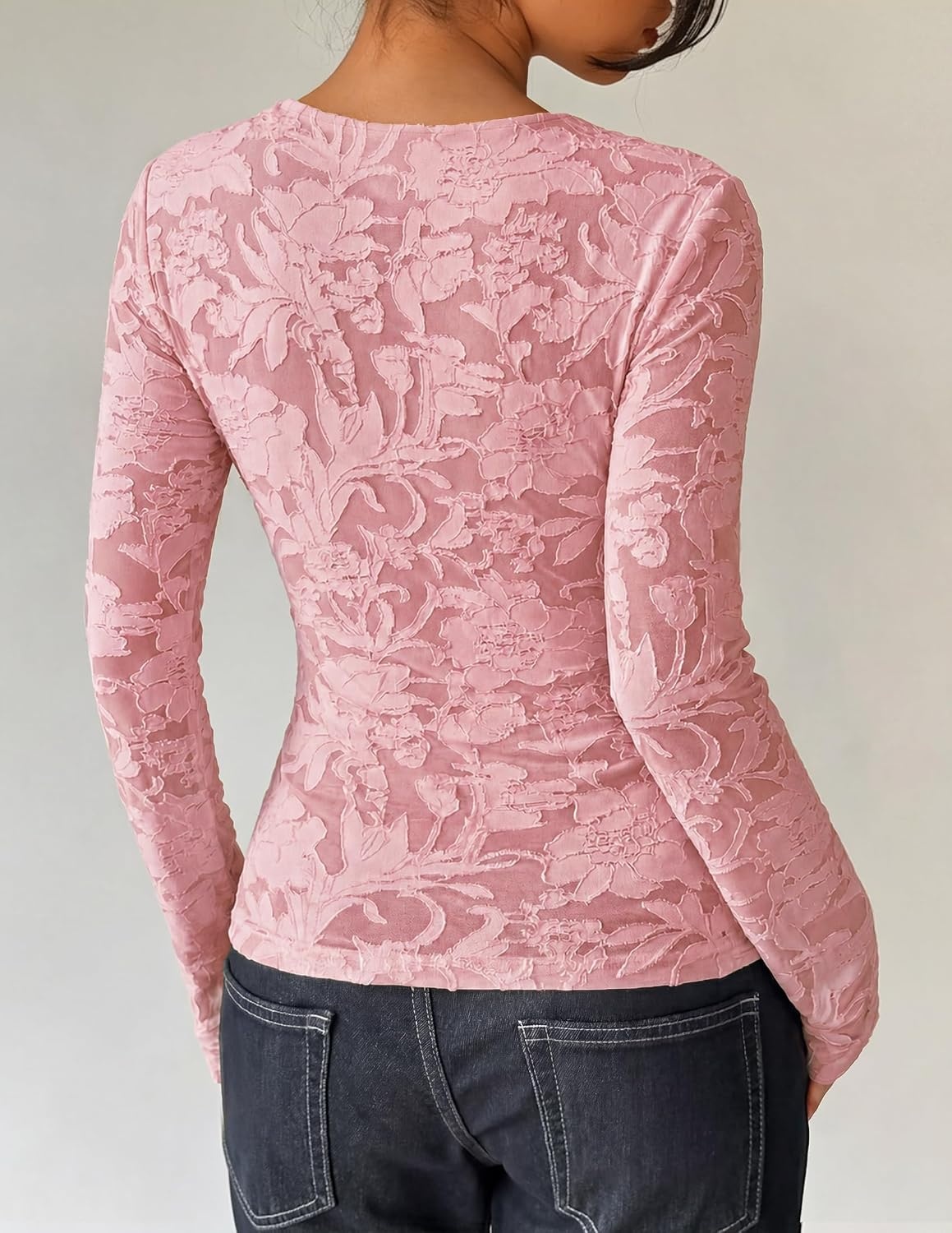 image:imageZESICA Womens Lace Mesh Sheer See Through Long Sleeve TopsPink