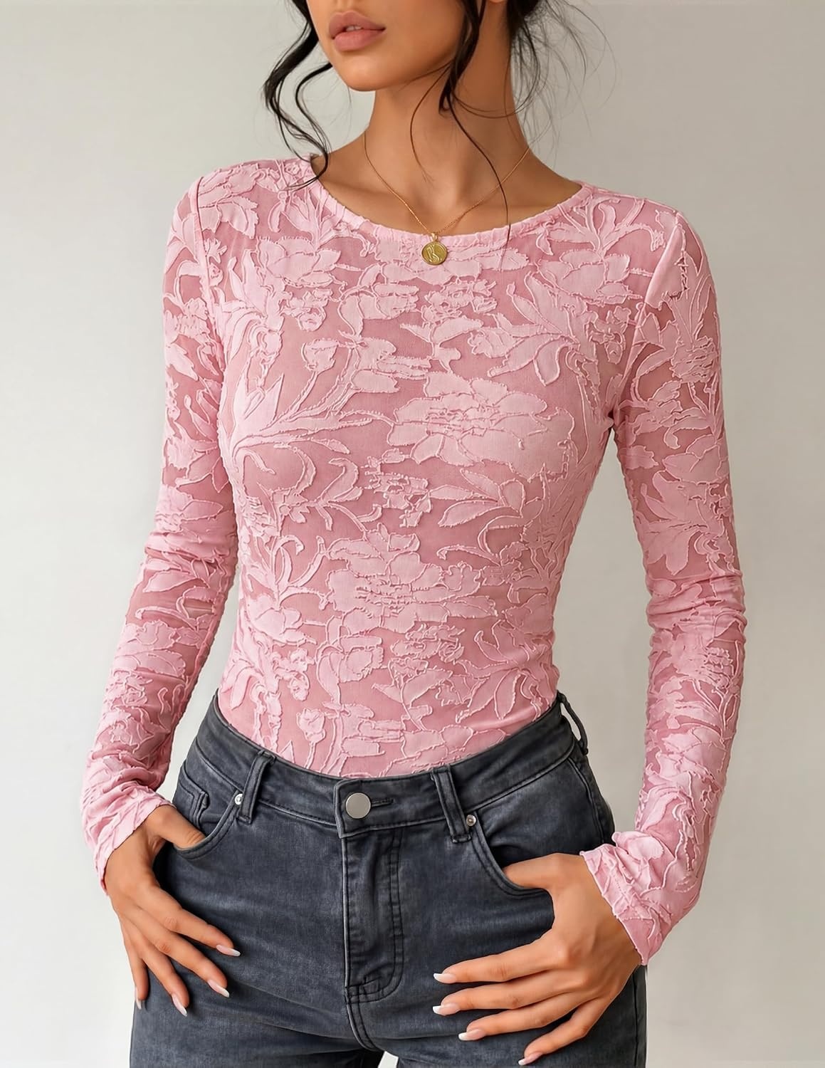 image:imageZESICA Womens Lace Mesh Sheer See Through Long Sleeve TopsPink