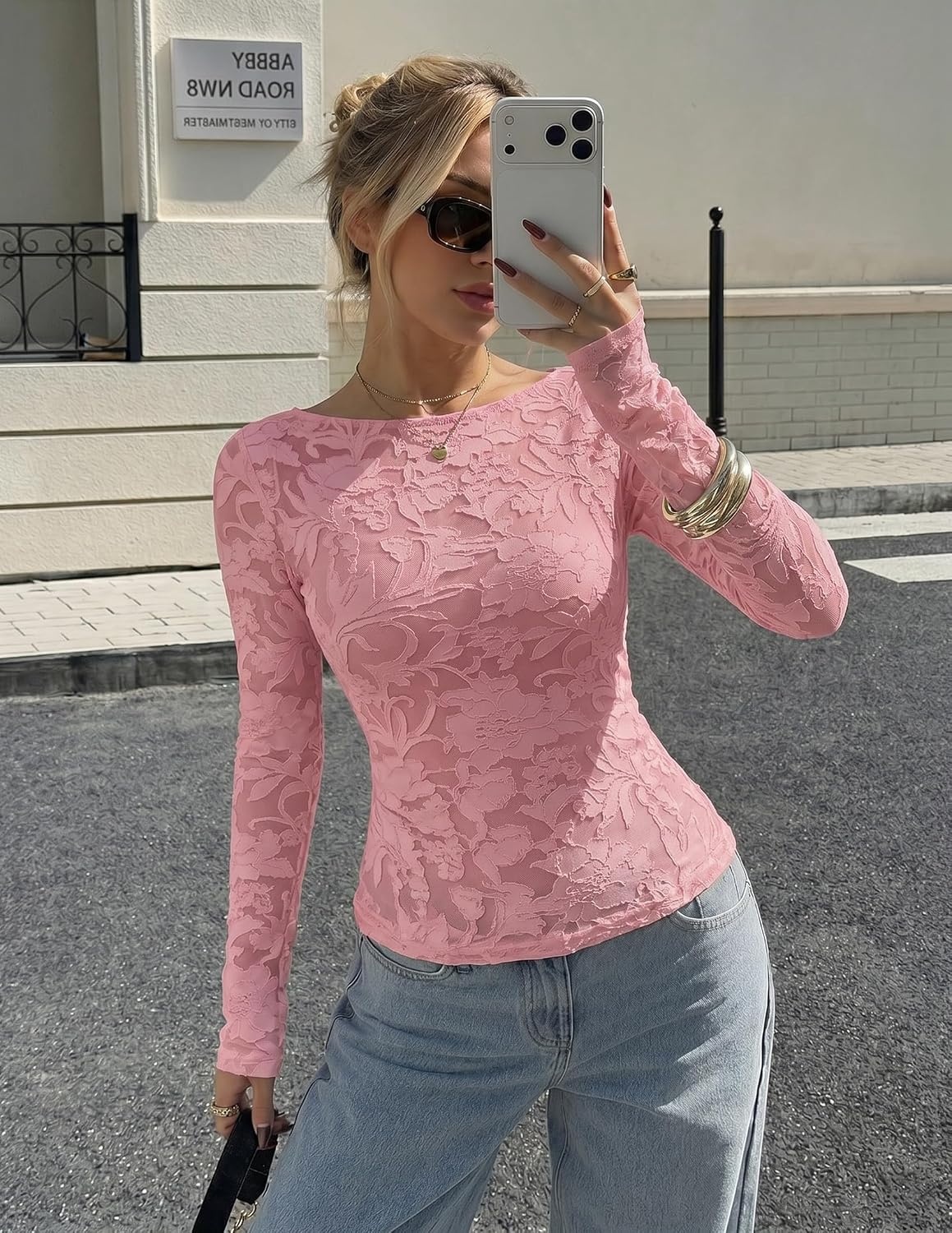 image:imageZESICA Womens Lace Mesh Sheer See Through Long Sleeve TopsPink