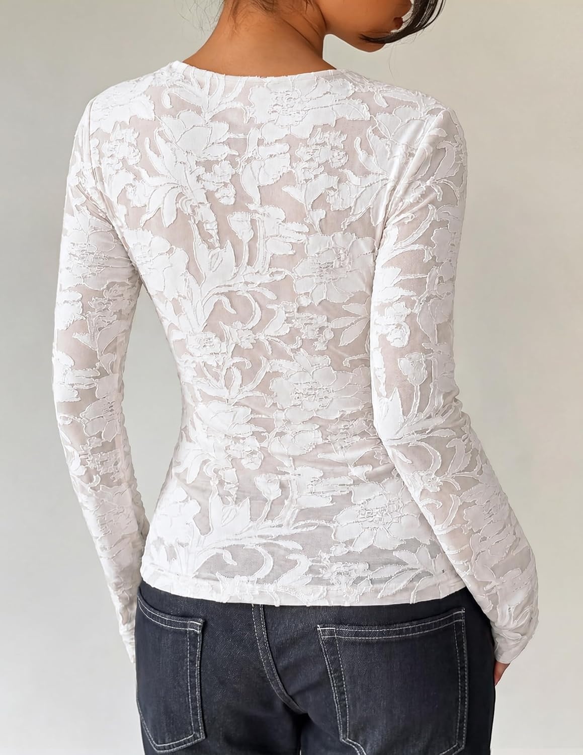 image:imageZESICA Womens Lace Mesh Sheer See Through Long Sleeve TopsWhite