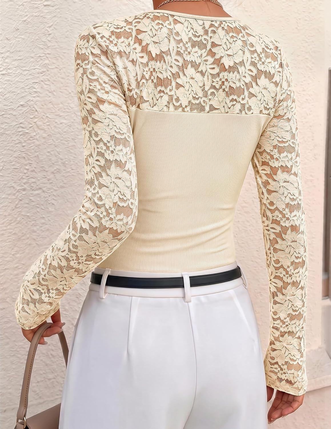 image:imageZESICA Womens Long Sleeve Floral Lace Knit Ruched Tops 2026 Fall ShirtApricot