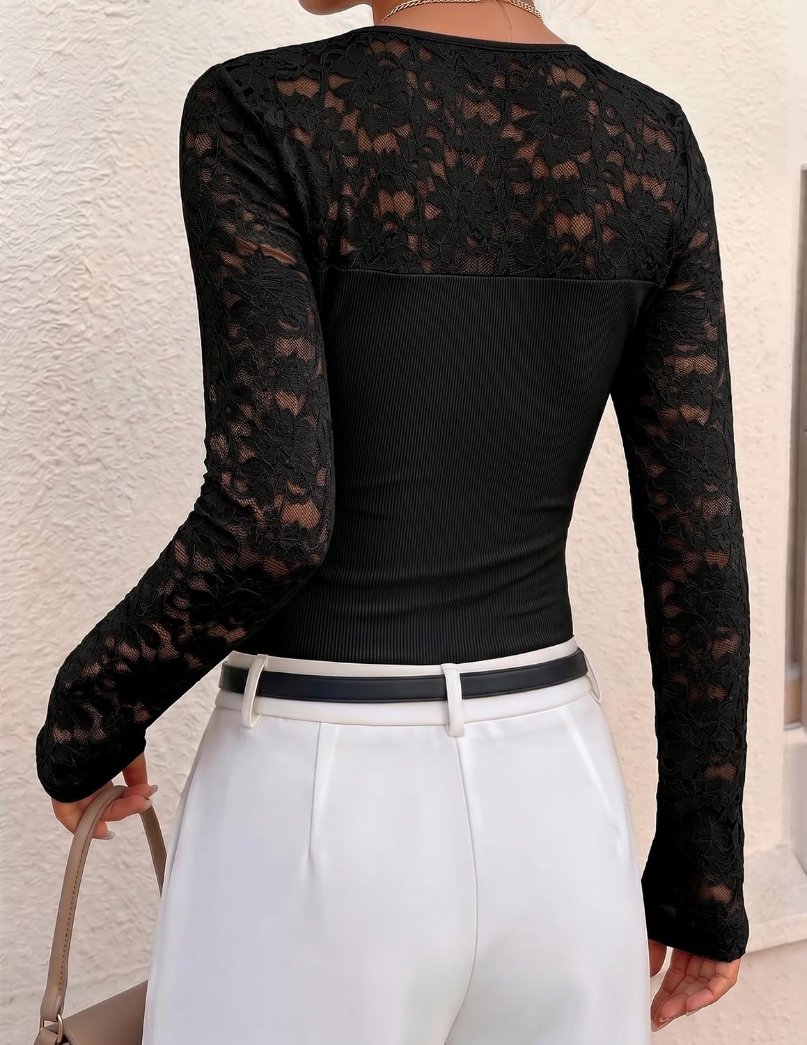 image:imageZESICA Womens Long Sleeve Floral Lace Knit Ruched Tops 2026 Fall ShirtBlack