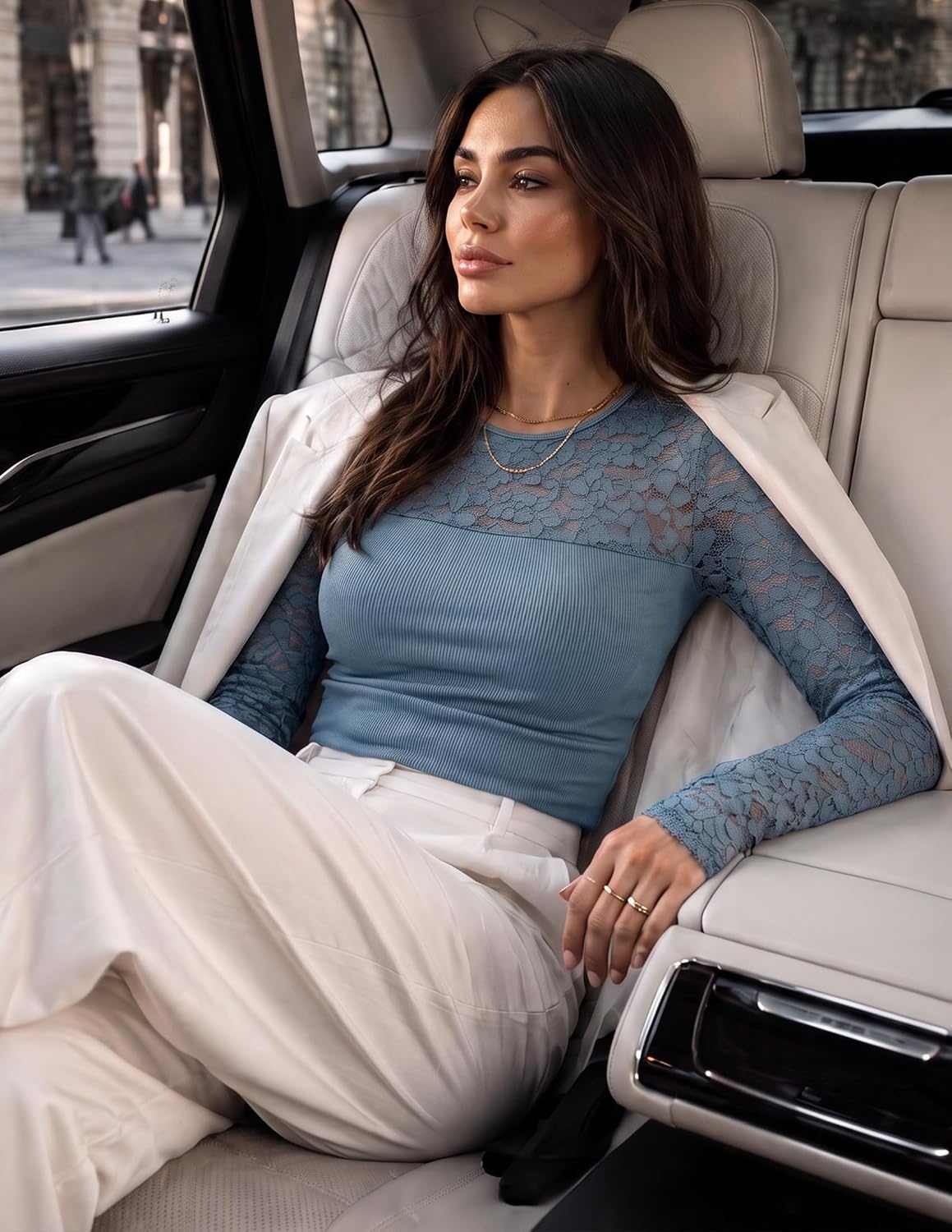 image:imageZESICA Womens Long Sleeve Floral Lace Knit Ruched Tops 2026 Fall ShirtBlue