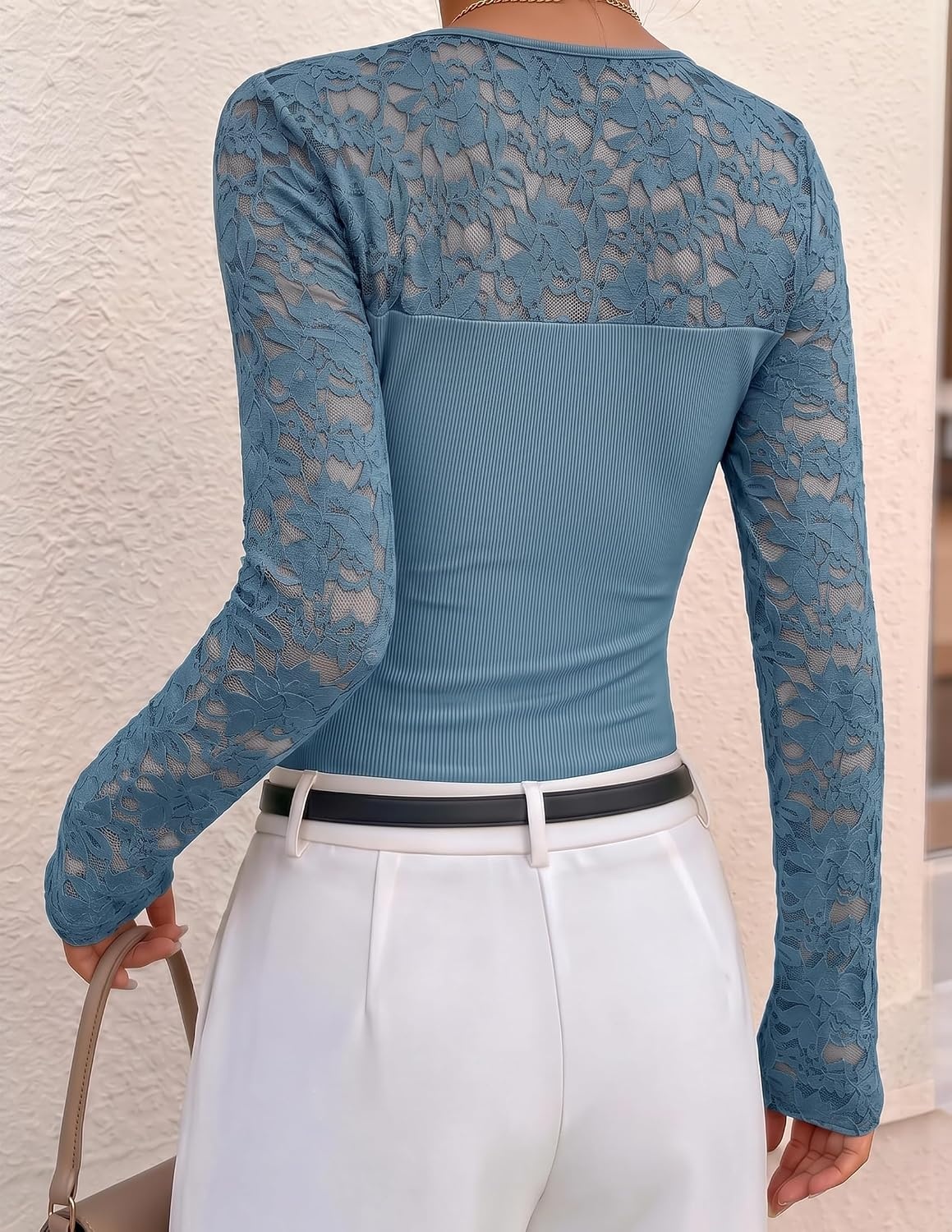 image:imageZESICA Womens Long Sleeve Floral Lace Knit Ruched Tops 2026 Fall ShirtBlue