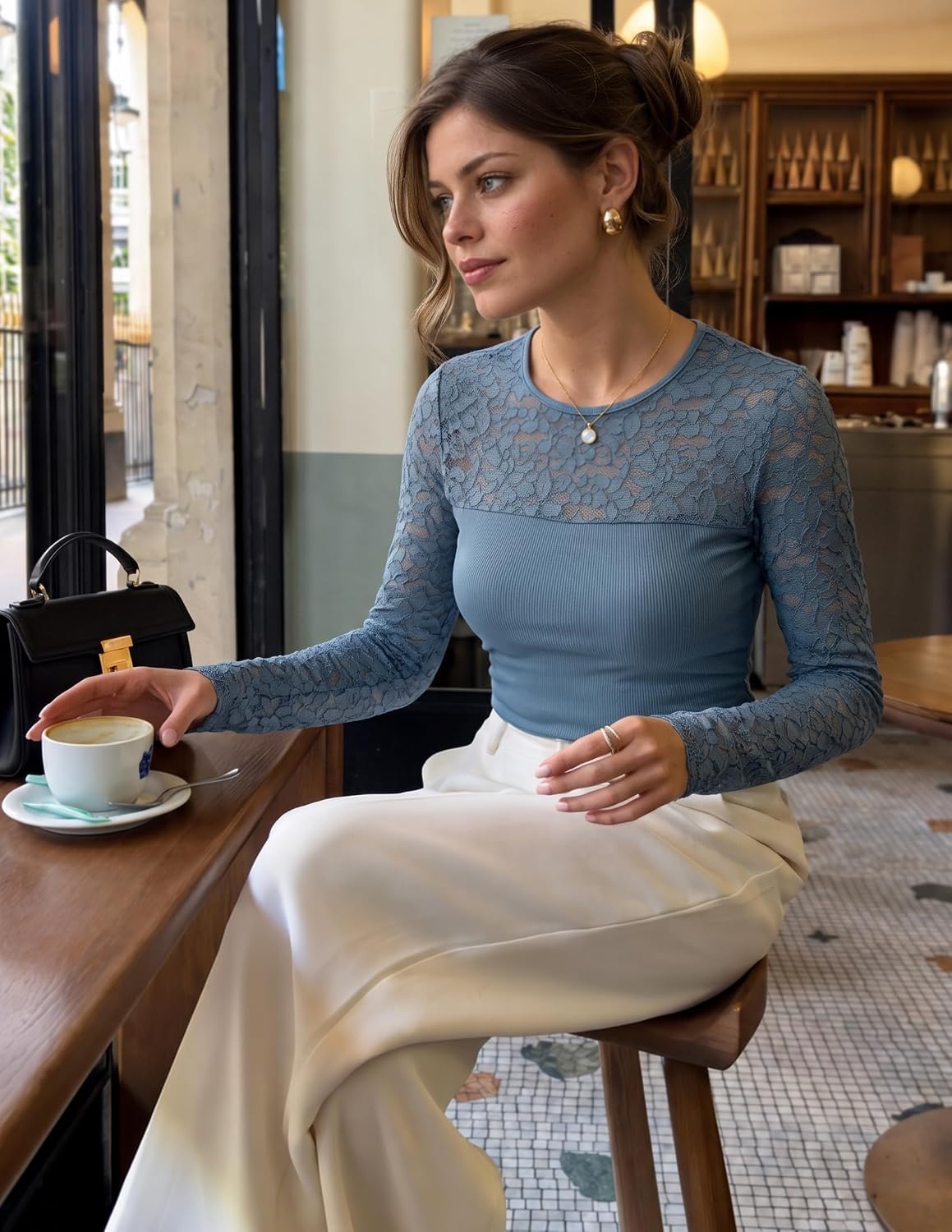 image:imageZESICA Womens Long Sleeve Floral Lace Knit Ruched Tops 2026 Fall ShirtBlue