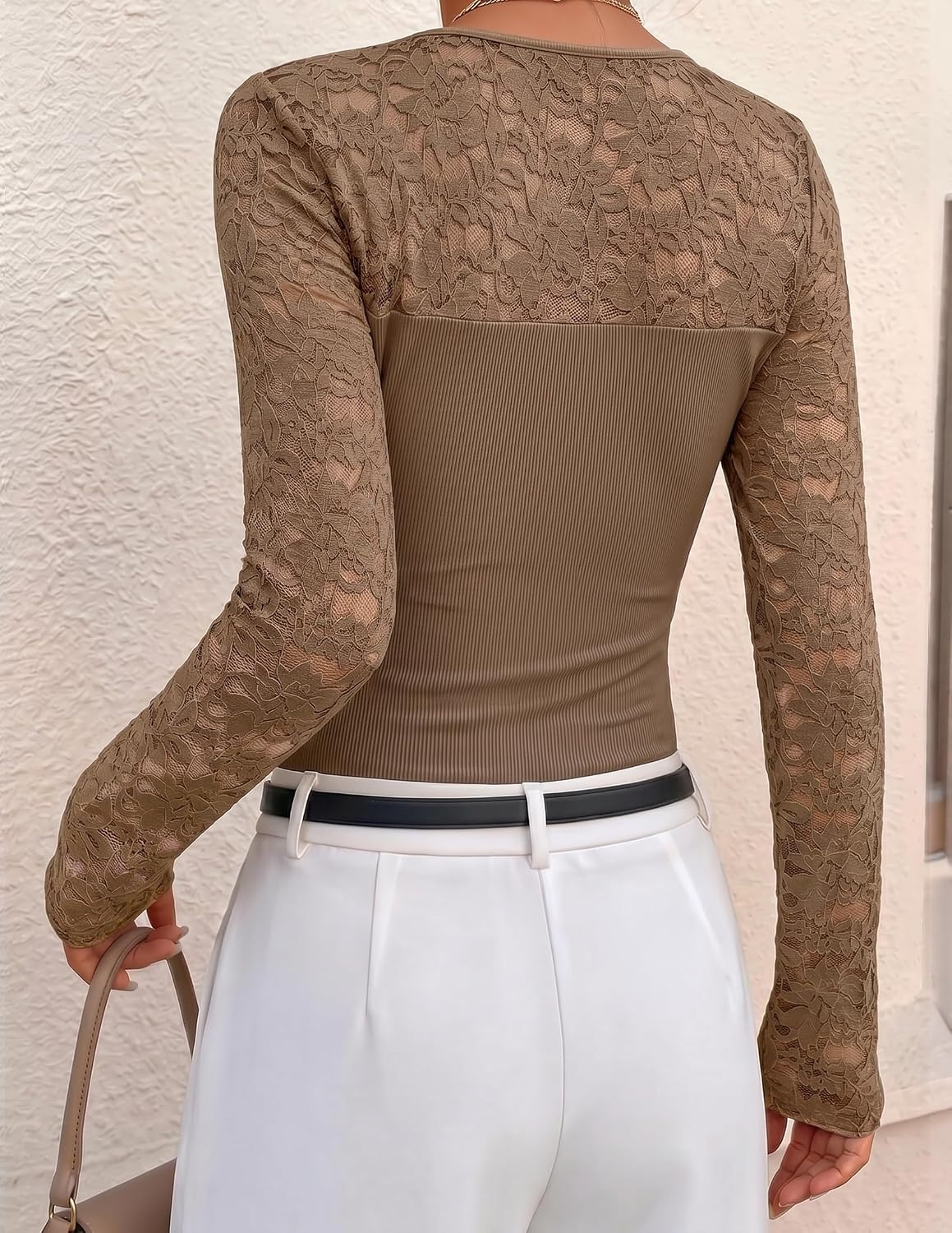 image:imageZESICA Womens Long Sleeve Floral Lace Knit Ruched Tops 2026 Fall ShirtBrown
