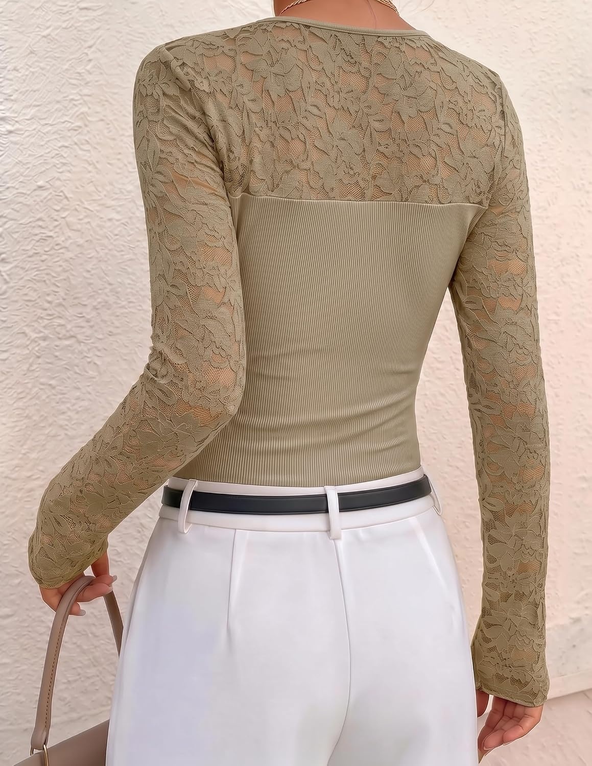 image:imageZESICA Womens Long Sleeve Floral Lace Knit Ruched Tops 2026 Fall ShirtCamel
