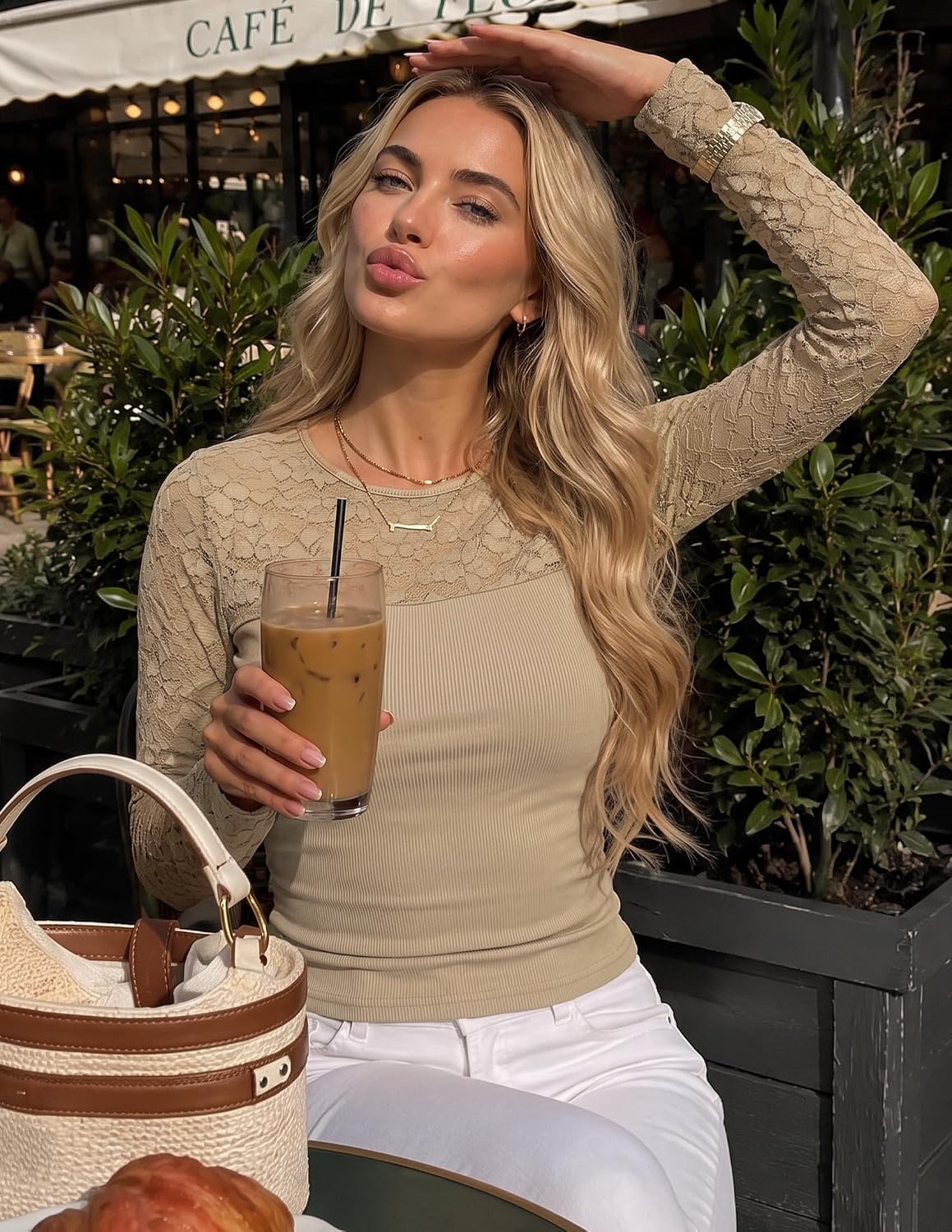 image:imageZESICA Womens Long Sleeve Floral Lace Knit Ruched Tops 2026 Fall ShirtCamel