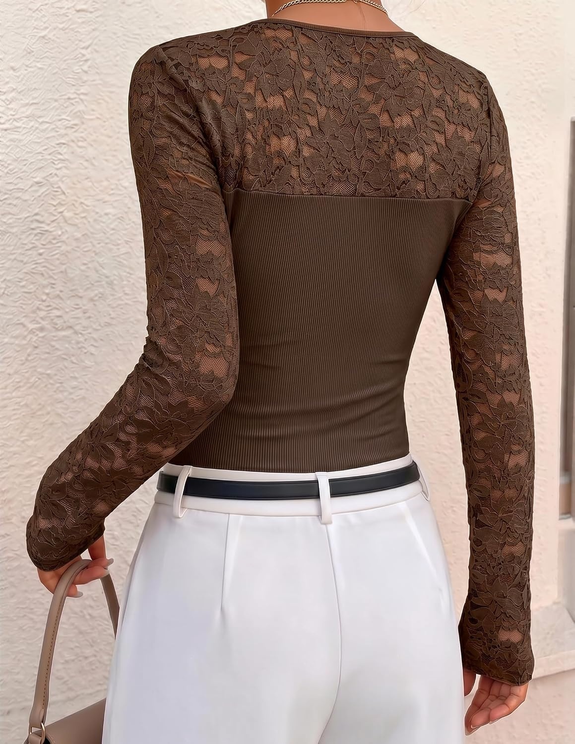 image:imageZESICA Womens Long Sleeve Floral Lace Knit Ruched Tops 2026 Fall ShirtCoffee