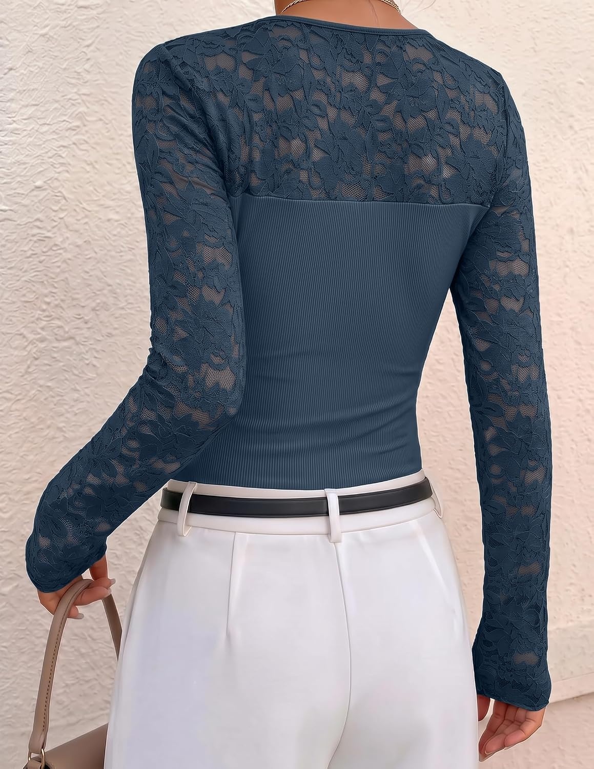 image:imageZESICA Womens Long Sleeve Floral Lace Knit Ruched Tops 2026 Fall ShirtDark Blue